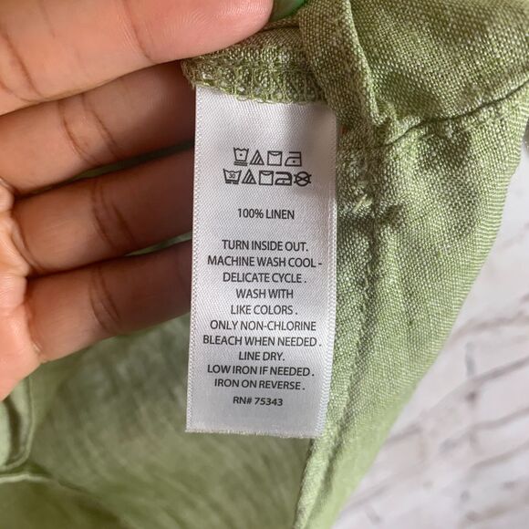 Sigrid Olsen Green Linen Button Up Shirt L Roll Tab Sleeve Coastal Classic Core - Picture 4 of 6